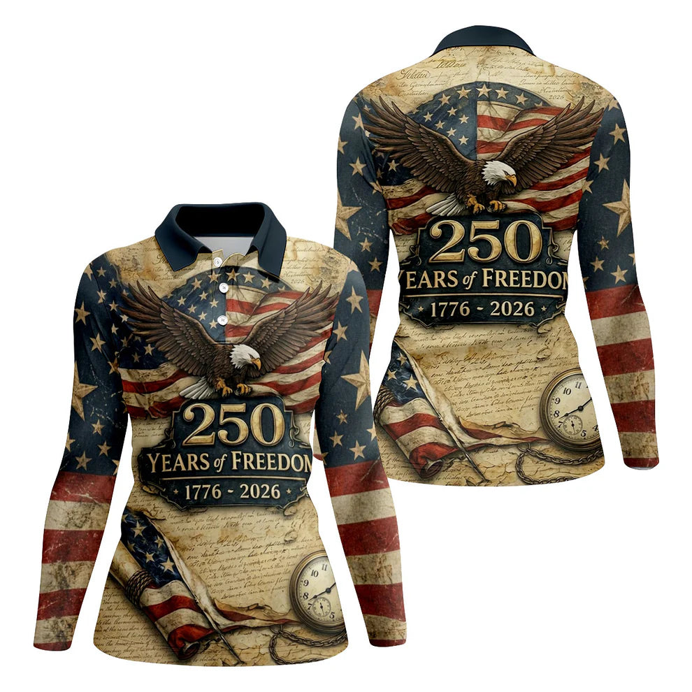 250 Years Of Freedom US Bald Eagle Retro Golf Shirt, Patriotic 4th Of July Golf Shirt For Women