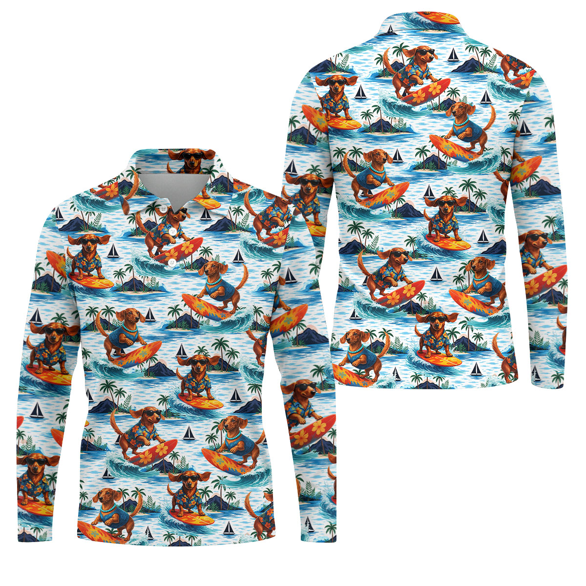 Funny Dachshund Surfing Beach Hawaiian Golf Shirt, Summer Vibe Golf Shirts For Men