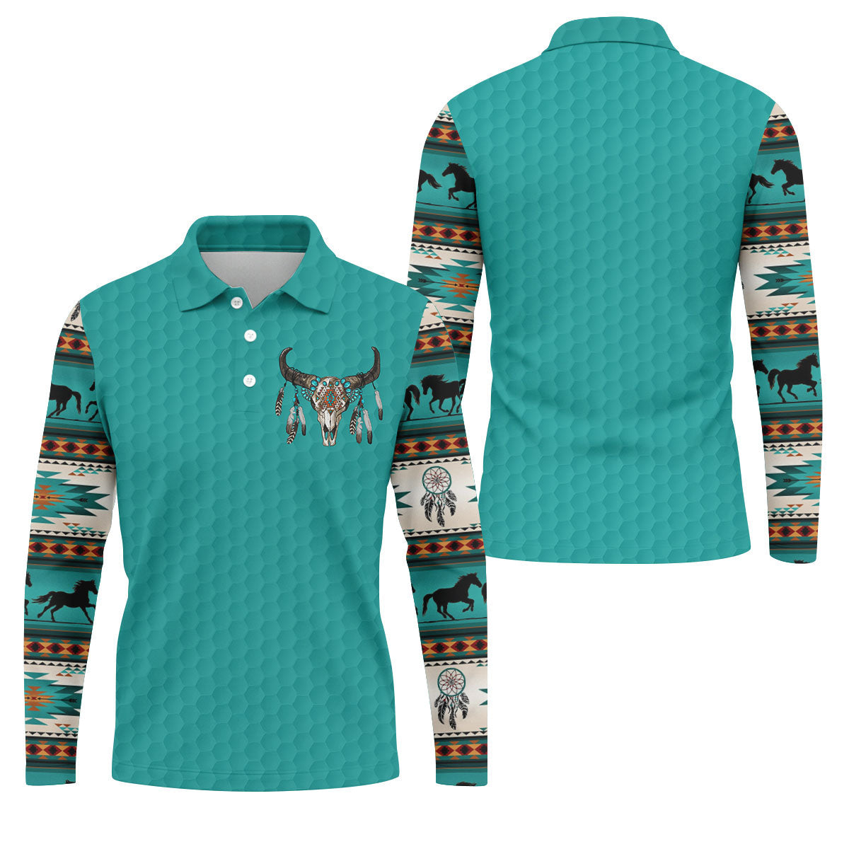 Turquoise Southwestern Bull Skull Golf Polo Shirt, Printed Golf Shirts, Golf Shirts For Men
