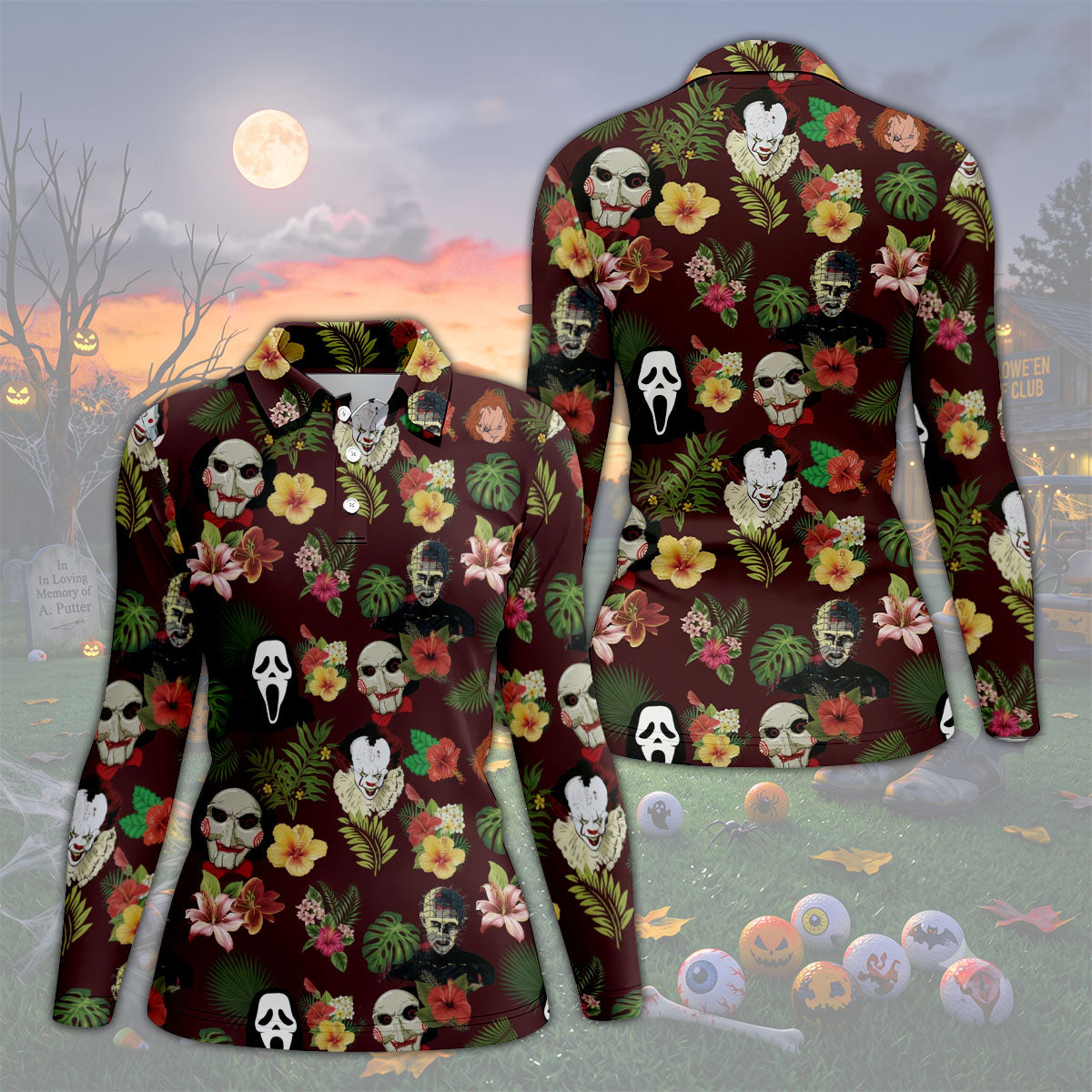 Floral Halloween Horror Character Hawaiian Golf Shirt, Women's Golf Tops, Golf Shirts For Women
