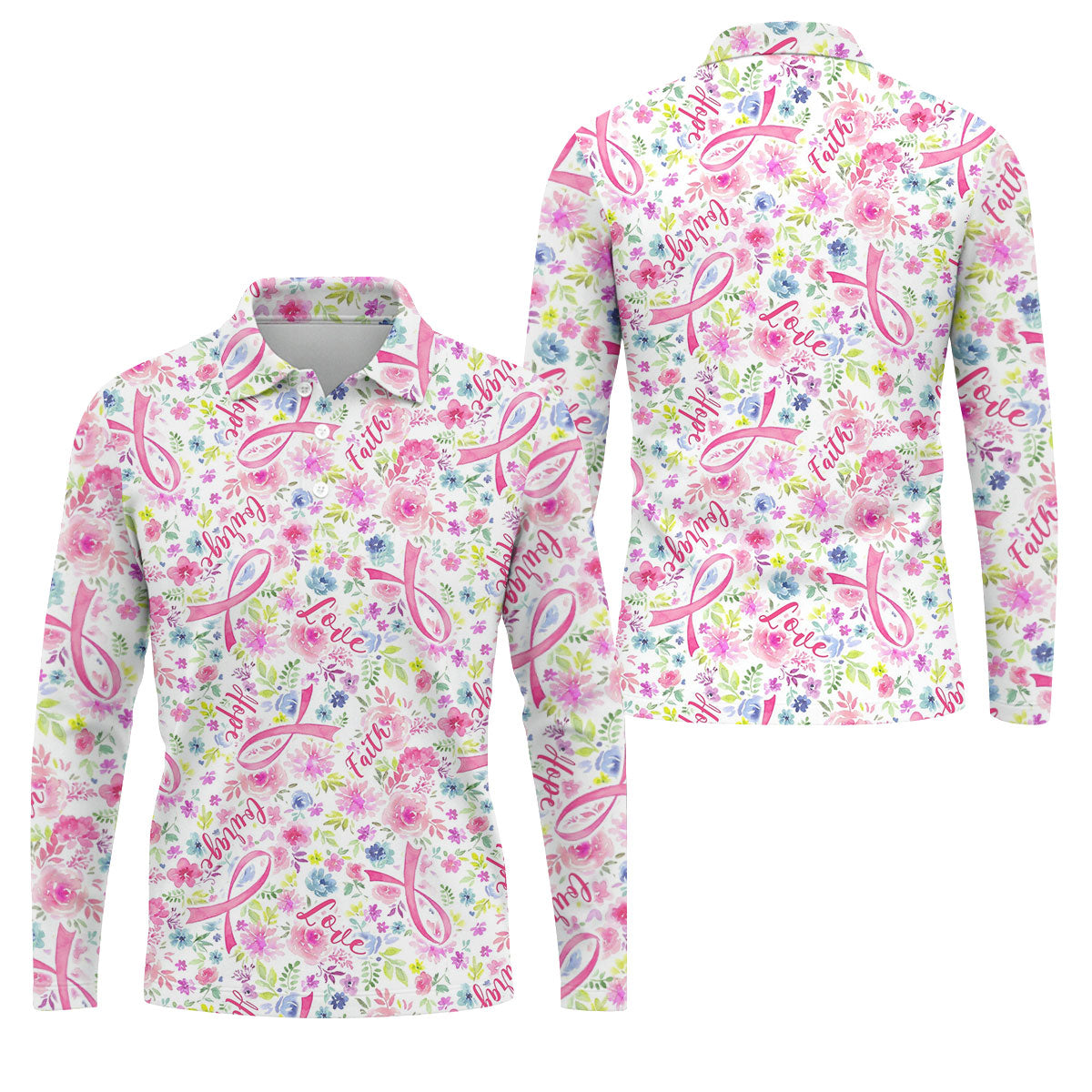 Faith Hope Love Floral Breast Cancer Polo Shirt, Golf Shirts For Men, Printed Golf Shirts