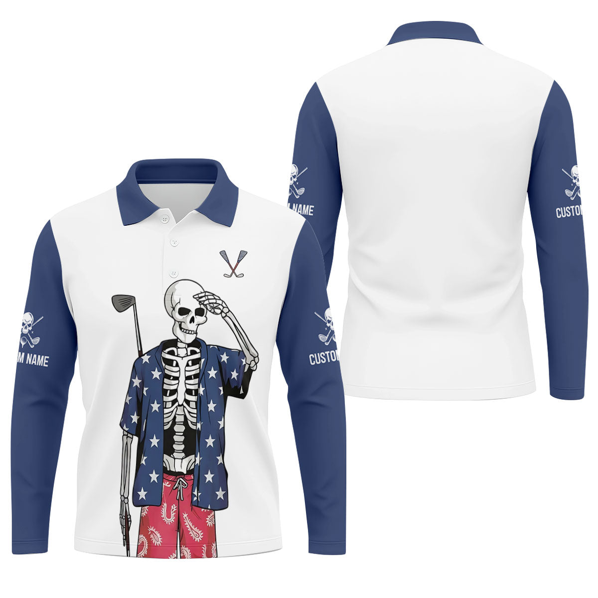 Skeleton Golf White Navy 4th Of July Patriotic Golf Shirt, 250 Years Golf Shirts For Men