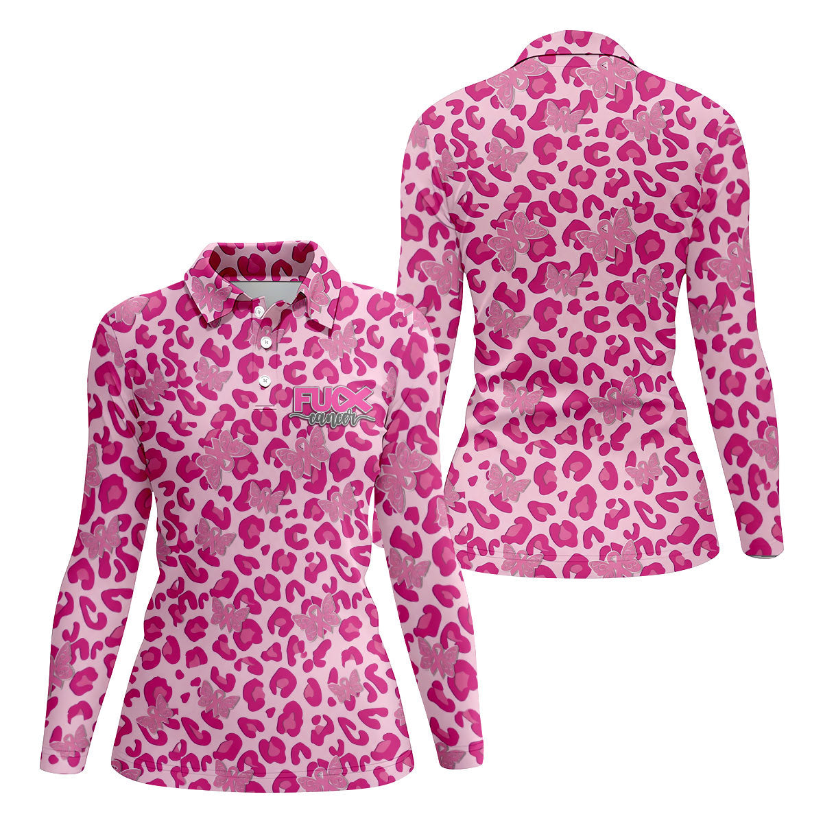 F*ck Cancer Leopard Butterfly Breast Cancer Polo Shirt, Women’s Golf Polo, Ladies Golf Top