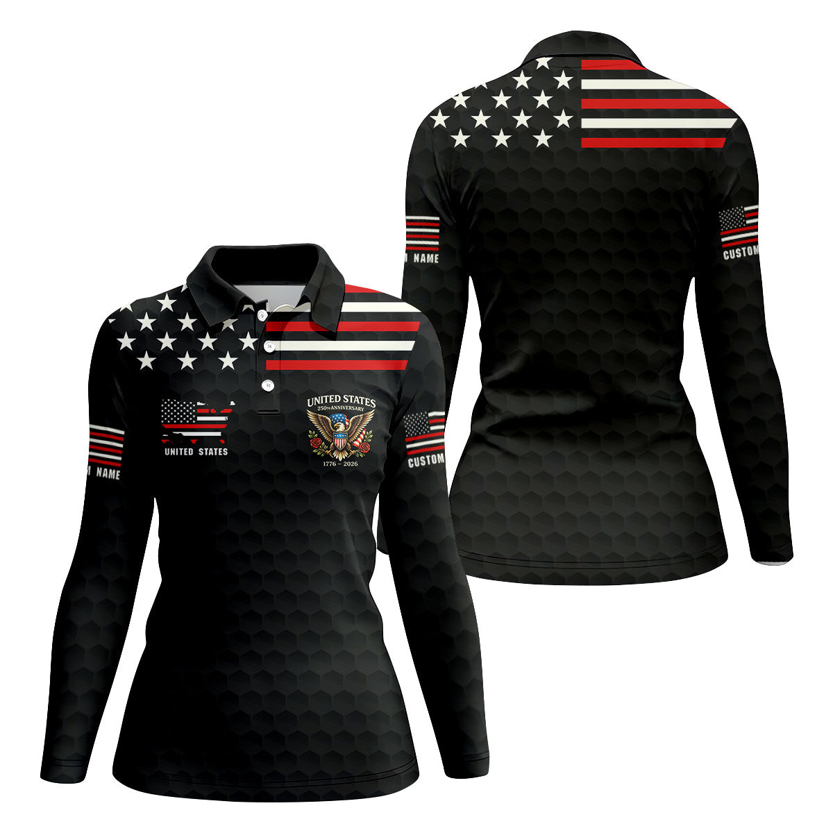 250th Anniversary Bald Eagle And Roses Black Golf Shirt, Patriotic 4th Of July Golf Shirt For Women