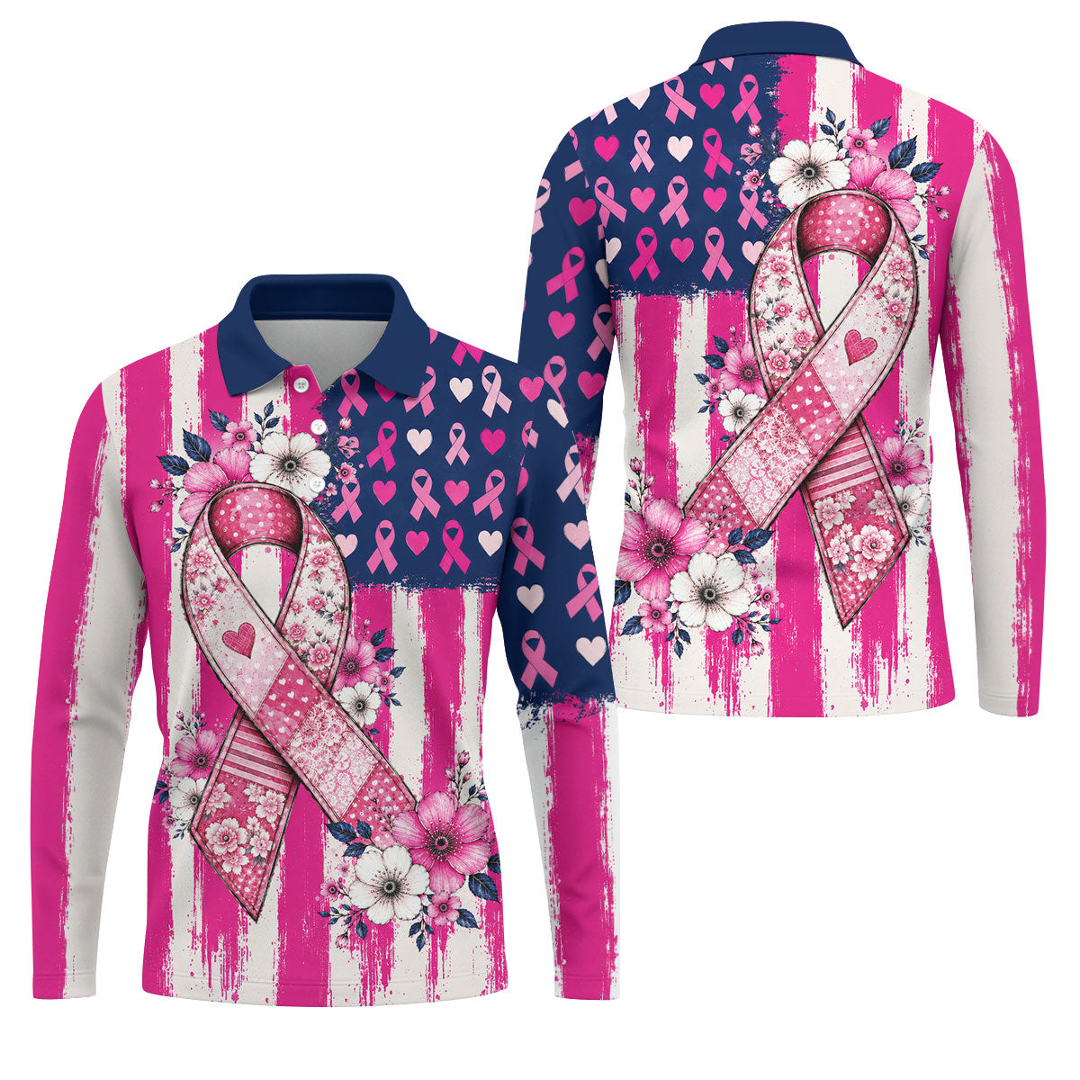 American Flag Pink Breast Cancer Awareness Golf Polo Shirt, Mens Golf Polo, Golf Shirts For Men