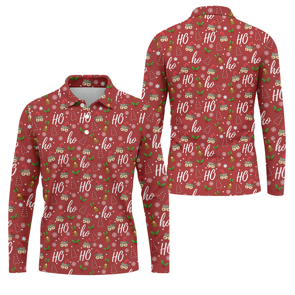 Funny Ho Ho Ho Naughty Tits Christmas Golf Shirt, Men's Funny Golf Shirts, Christmas Golf Gift