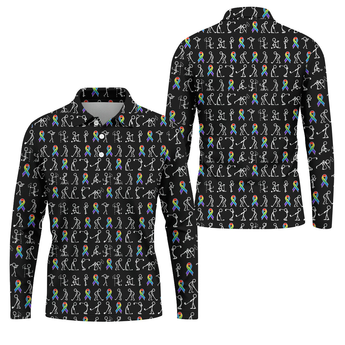 Rainbow Cancer Ribbon Stick Figure Golf Pattern Shirt, Printed Golf Shirts, Polo Shirts For Men
