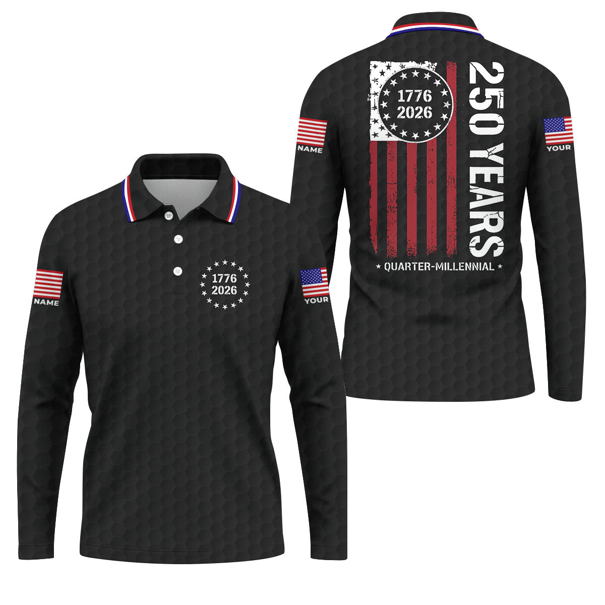 250 Years Quarter Millennnial Golf Ball Pattern Black Patriotic Golf Shirt, 4th Of July Golf Shirts For Men