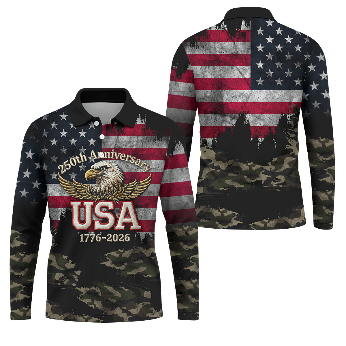 250th Anniversary Camo Golf Shirt, Distressed US Flag Patriotic 4th Of July Golf Shirts For Men