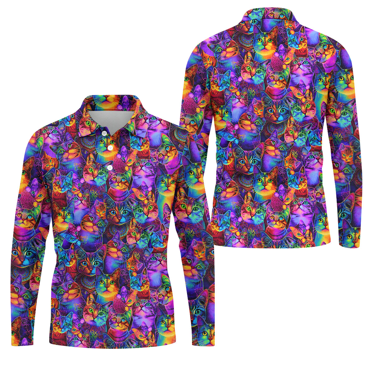 Psychedelic Cat Golf Shirt, Colorful Neon Cat Pattern, Polo Shirts For Men
