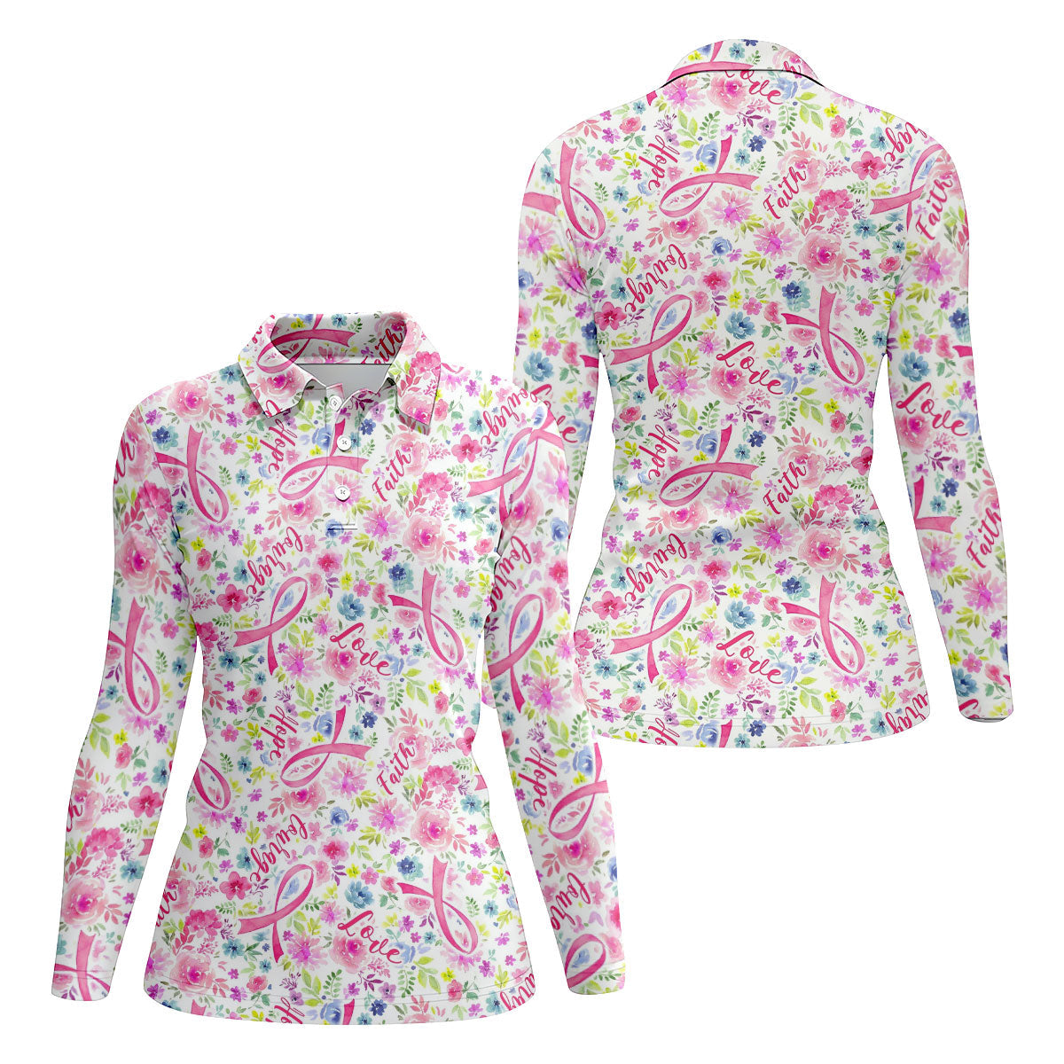 Faith Hope Love Floral Breast Cancer Polo Shirt, Golf Tops For Women, Printed Golf Shirt