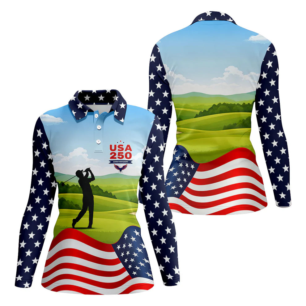 USA 250th Anniversary American Flag Golf Shirt, Patriotic 4th Of July Golf Shirt For Women