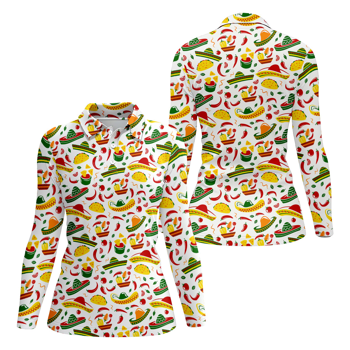 Mexican Fiesta Seamless Pattern Ladies Golf Tops, Cinco De Mayo Celebration Golf Shirt For Women