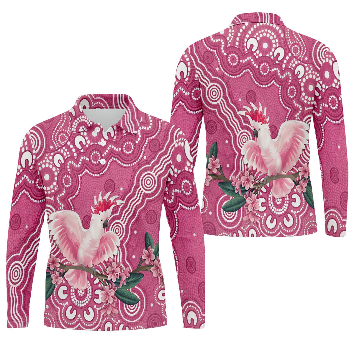 Pink Cockatoo Floral Aboriginal Art Polo Shirt, Hawaiian Golf Shirt, Mens Golf Shirts