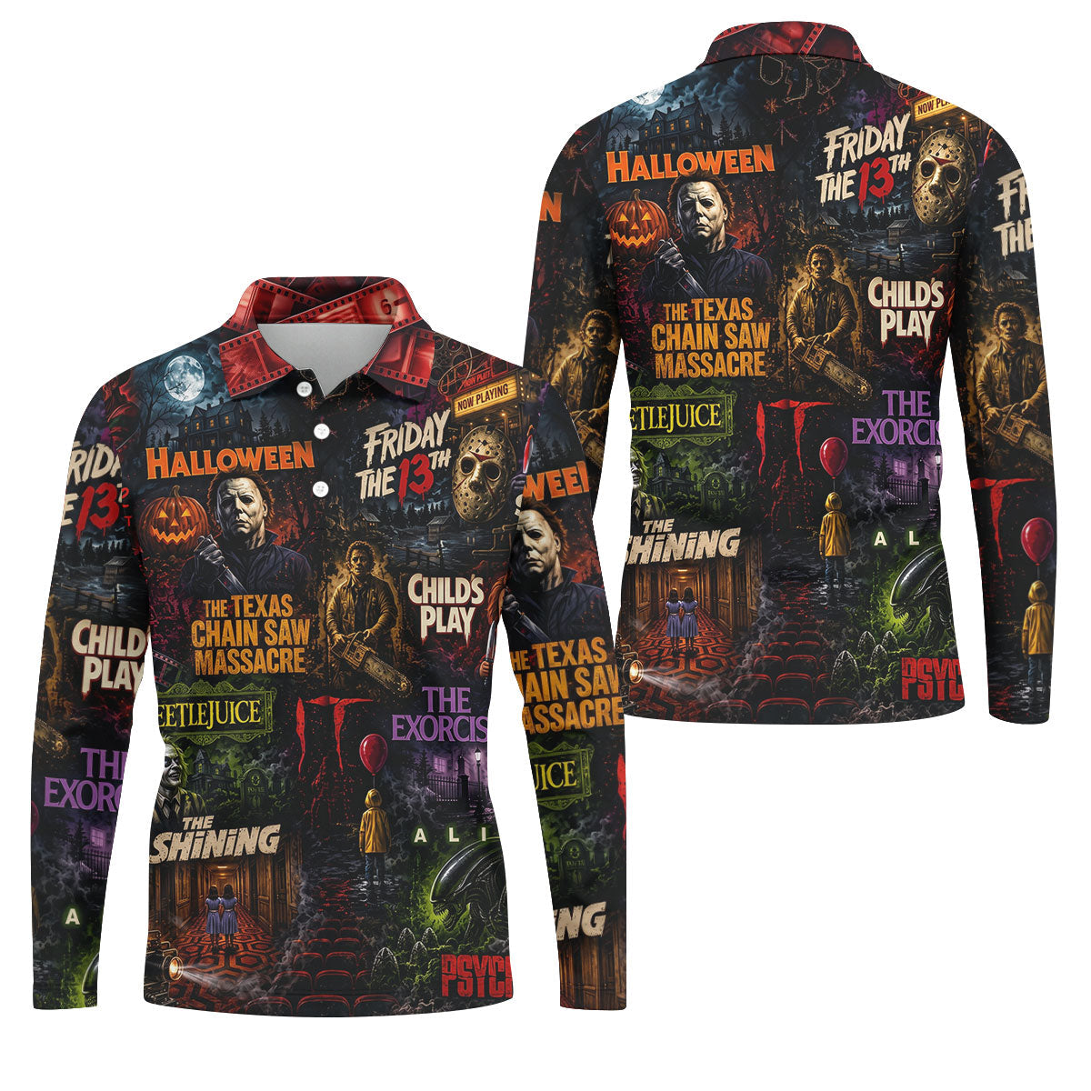 Classic Horror Character Movie Poster Collage Golf Polo Shirt, Mens Golf Polo, Printed Golf Shirts