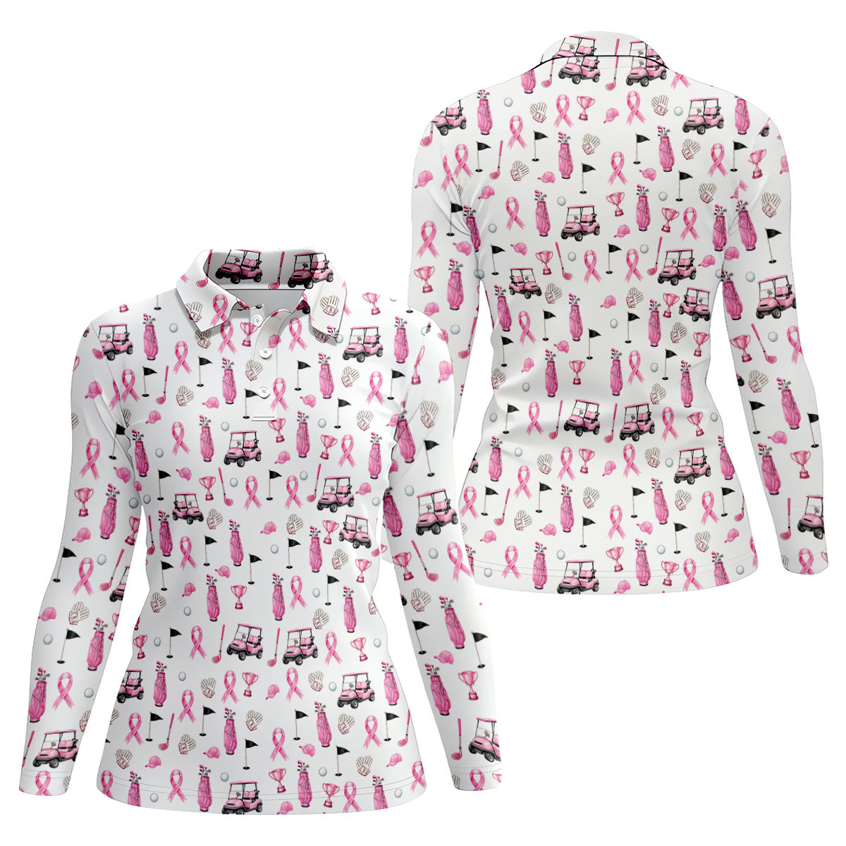 Pink Golf Cart Ribbon Breast Cancer Polo Shirt, Womens Golf Polo, Golf Tops For Women