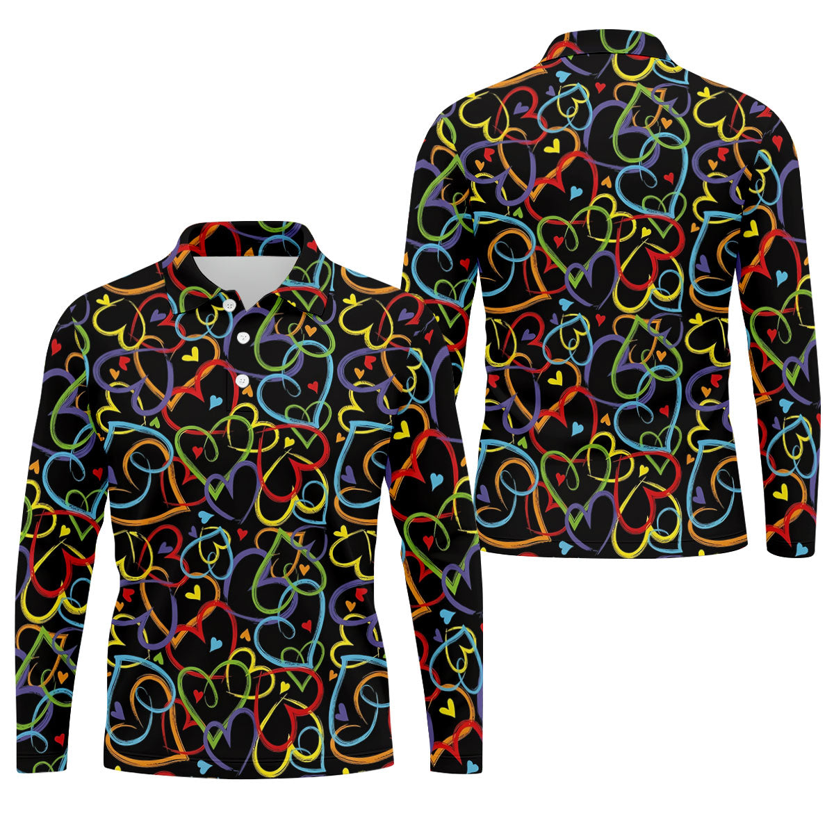 Colorful Heart Outline Pattern Golf Polo Shirt, Golf Polo Shirts For Men, Mens Golf Apparel