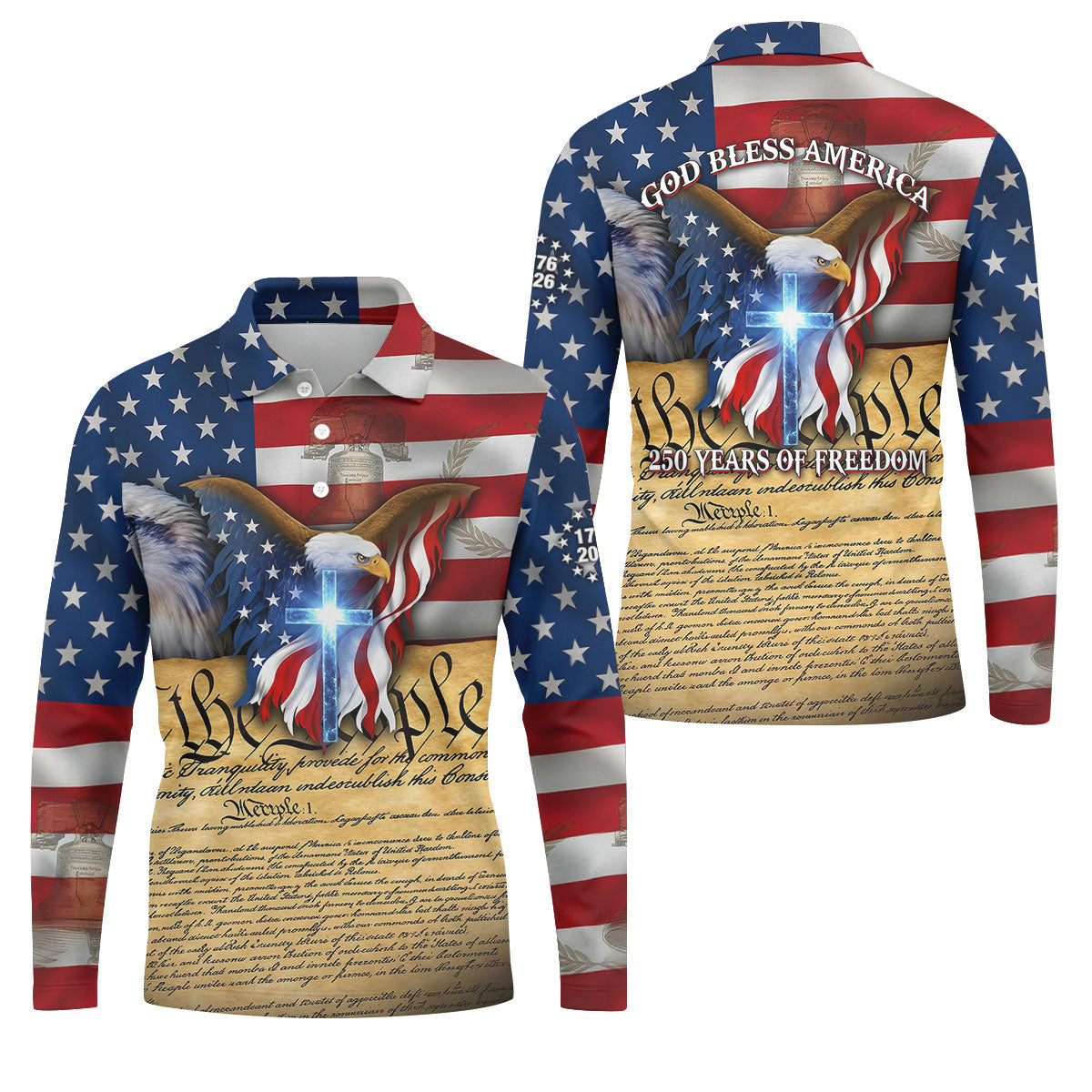 God Bless America 250 Years Of Freedom Faith Cross Patriotic Golf Shirt, 4th Of July Golf Shirts For Men