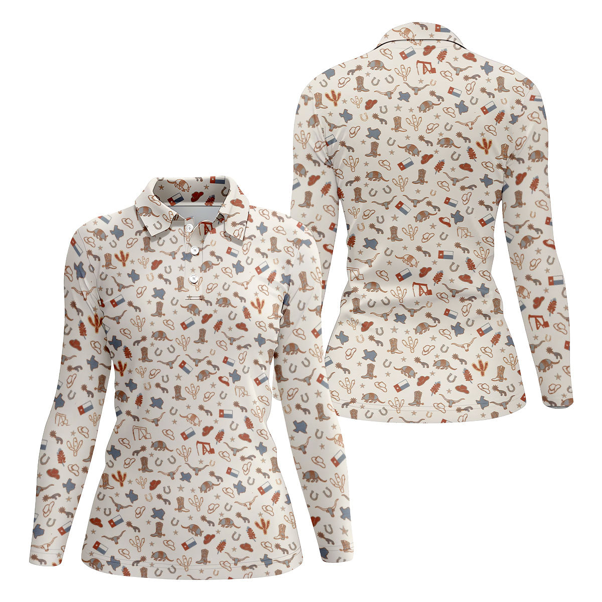 Beige Texas Cowboy Pattern Golf Polo Shirt, Golf Shirts For Women, Hawaiian Golf Shirt