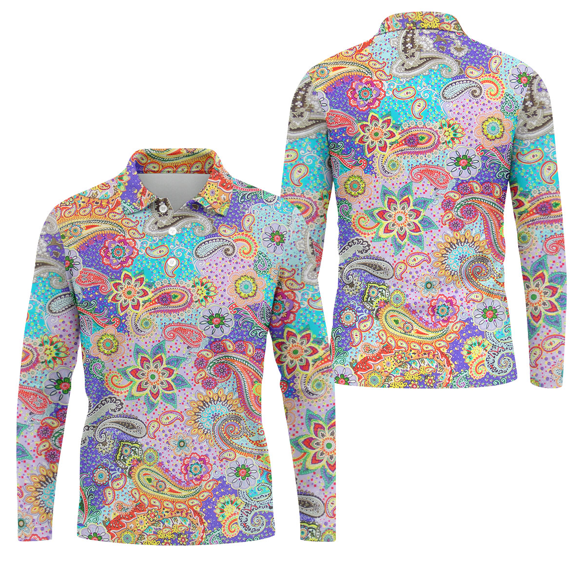 Vibrant Paisley Floral Patchwork Golf Polo Shirt, Hawaiian Golf Shirt, Mens Golf Polo