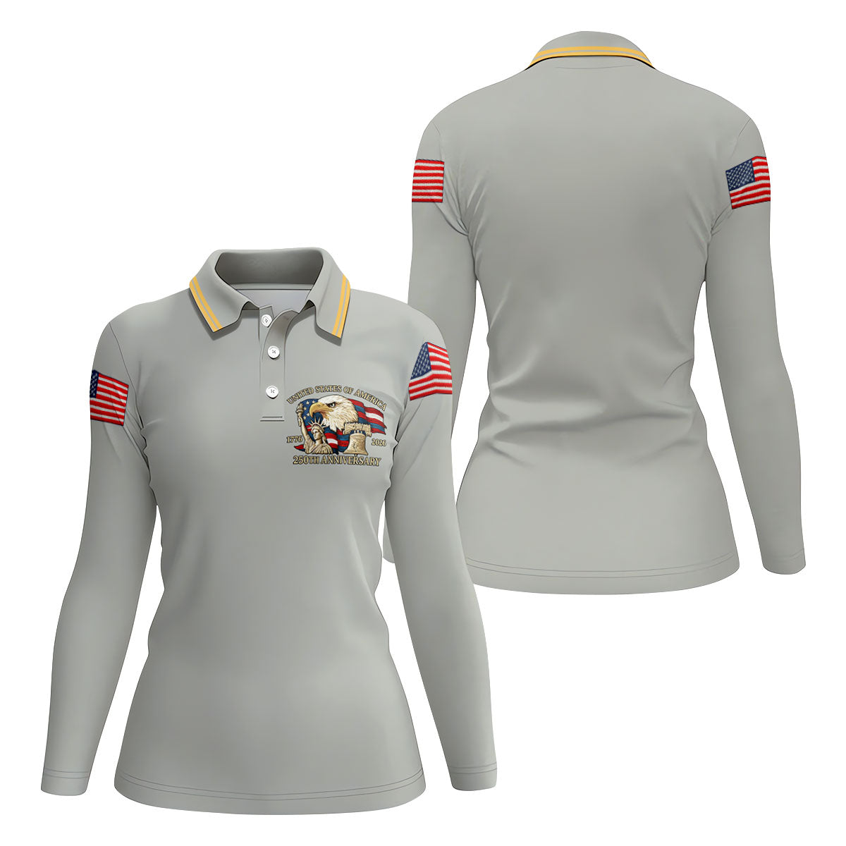 Bald Eagle American Flag 250 Years Grey Golf Shirt, Patriotic 4th Of July Golf Shirt For Women