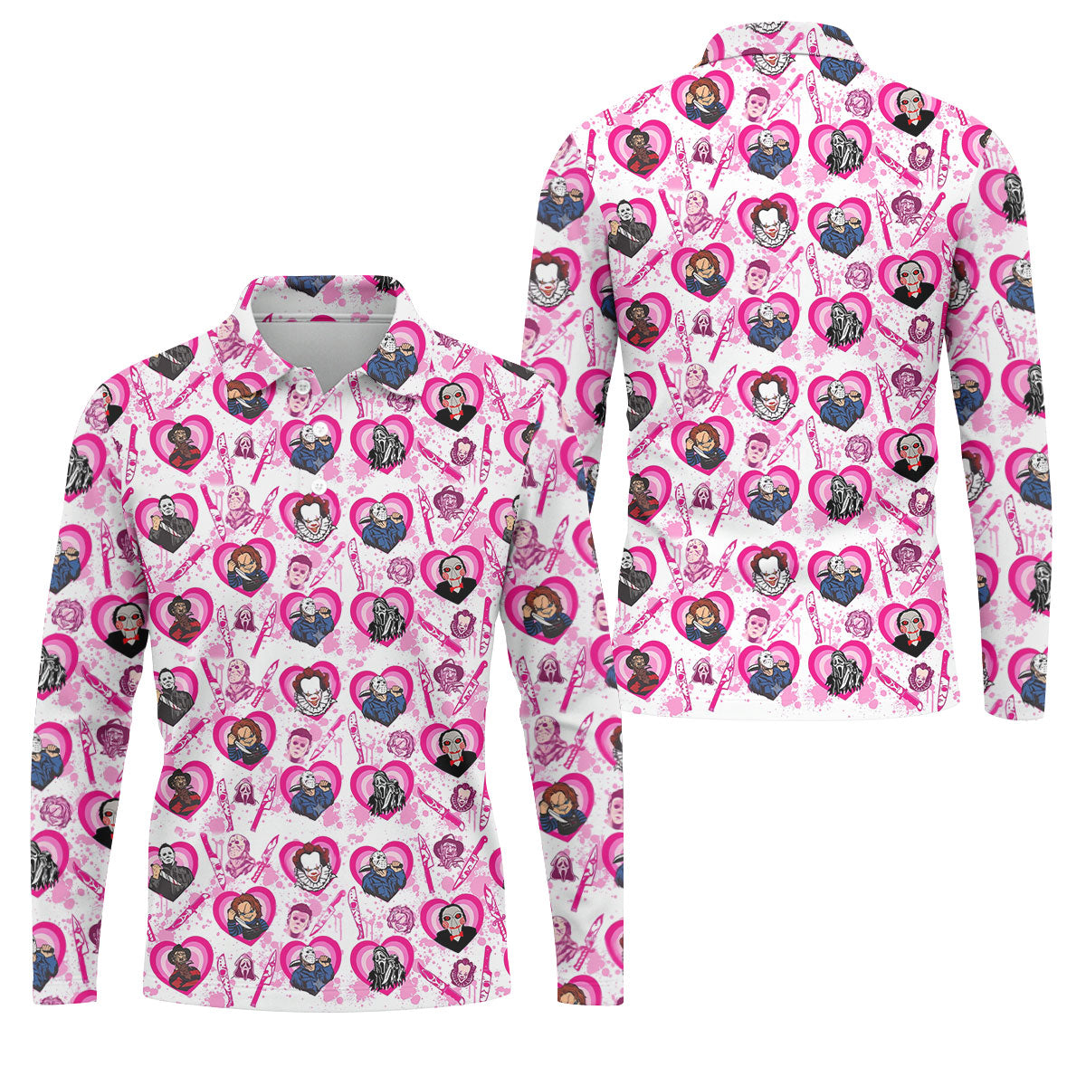 Pink Horror Character Pattern Golf Polo Shirt for Men Halloween Golf Apparel Printed Golf Shirts