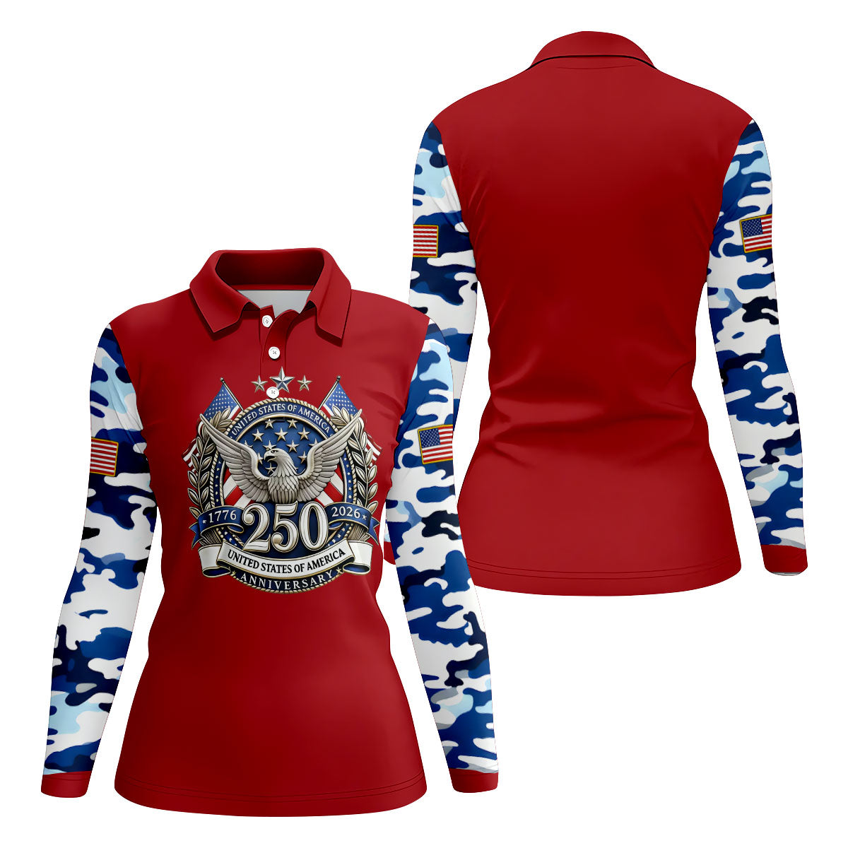Patriotic Bald Eagle Blue And White Camo Red Golf Shirt, 250th Anniversary Women's Golf Shirts