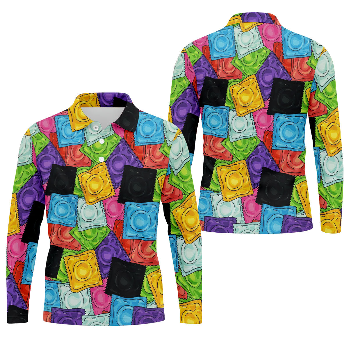 Funny Condom Wrapper Pattern Golf Polo Shirt, Men's Golf Shirts, Novelty Golf Apparel For Men