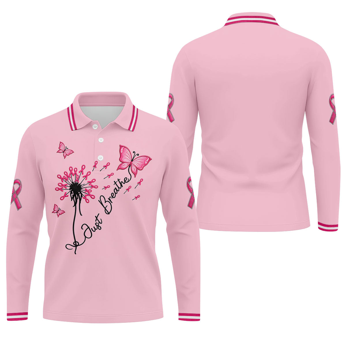 Just Breathe Butterfly Pink Ribbon Breast Cancer Polo Shirt, Polo Shirts For Men