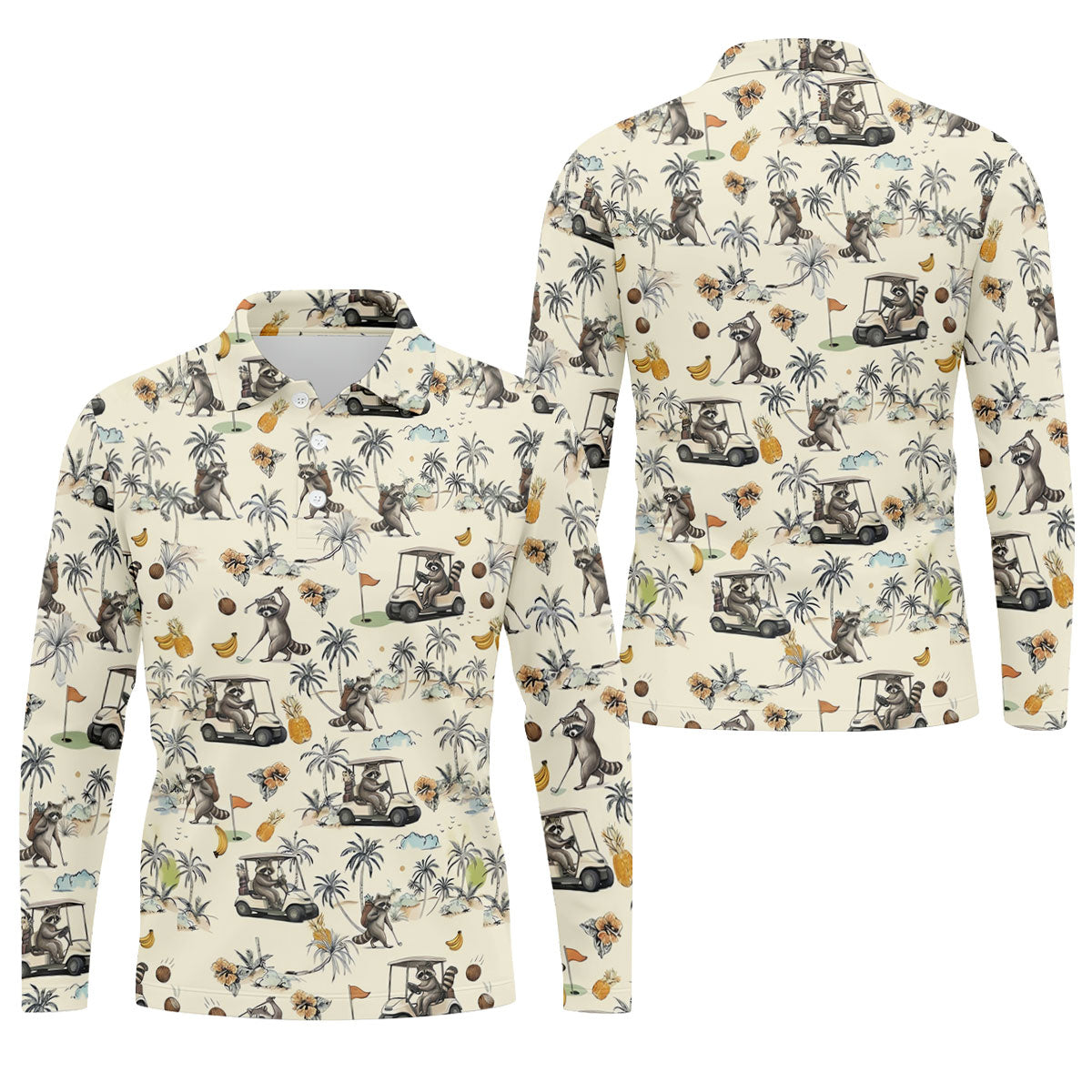 Funny Raccoon Golf Cart Tropical Pattern Polo Shirt, Mens Golf Polo, Golf Apparel For Men