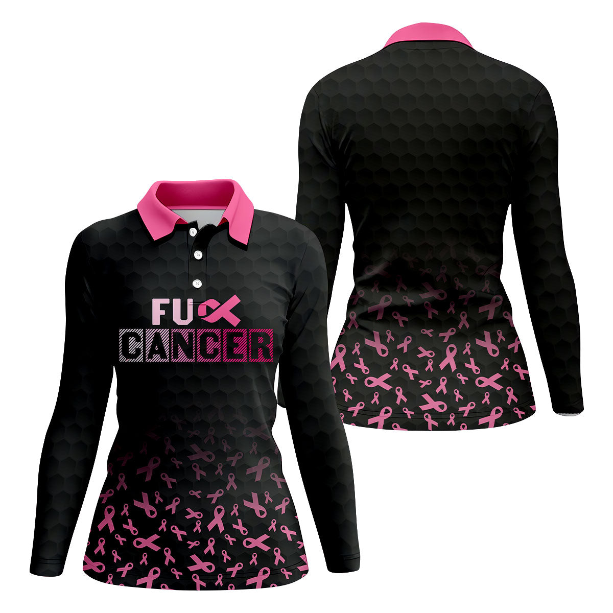Fuck Cancer Black Pink Ribbon Breast Cancer Polo Shirt, Women's Golf Tops, Ladies Golf Top