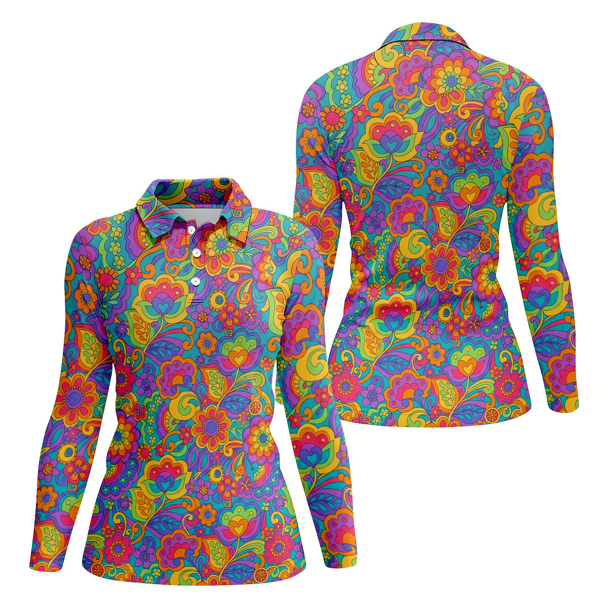 Vintage Psychedelic Floral Pattern Hawaiian Golf Shirt, Women’s Golf Tops, Golf Shirts For Women