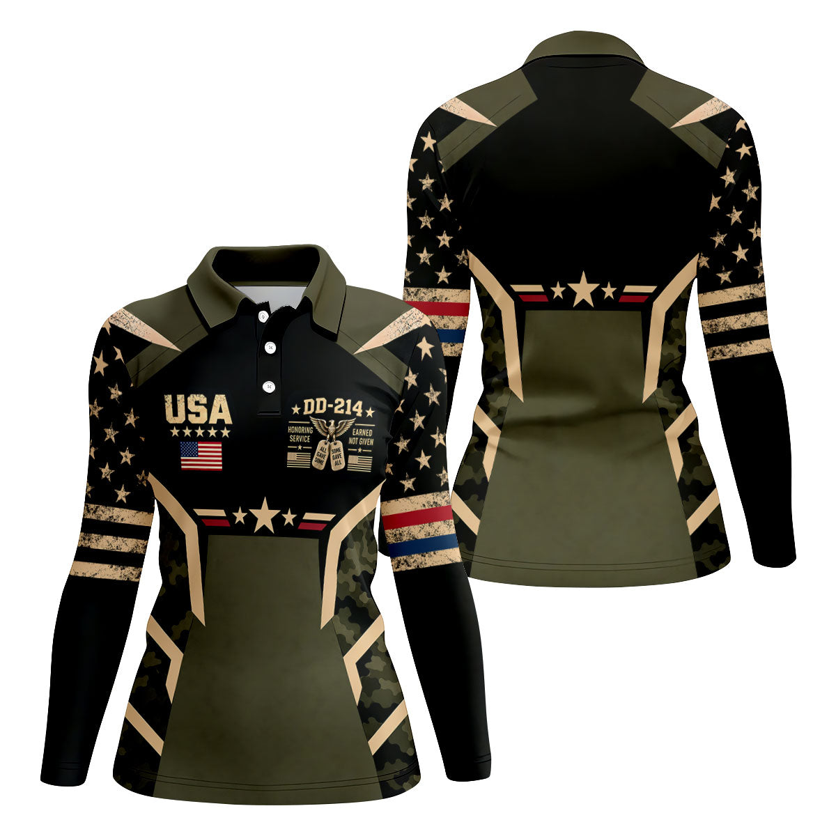 DD-214 USA Stars Camo Golf Polo Shirt, Womens Golf Shirts, Veterans Day Golf Shirt