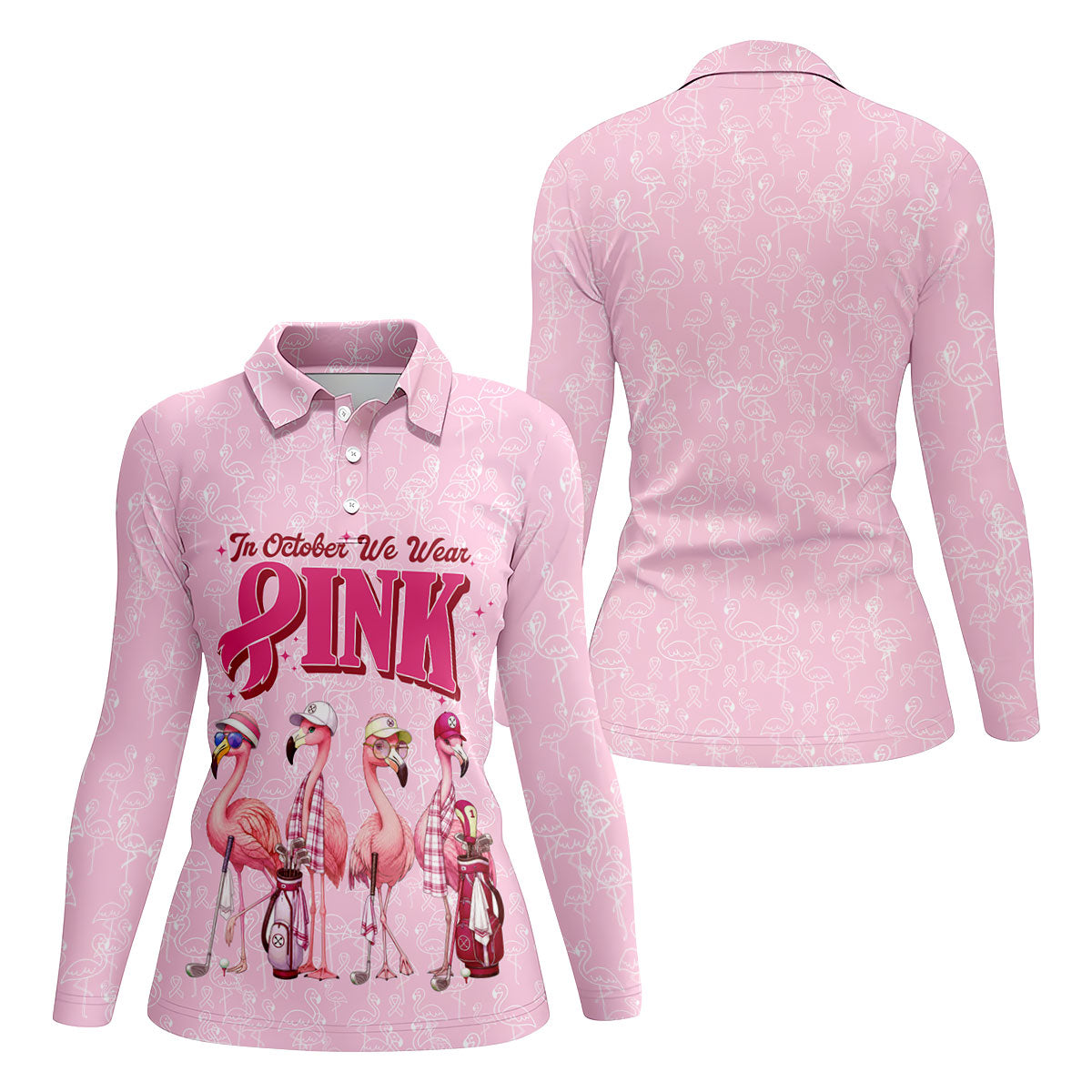 In October We Wear Pink Flamingo Breast Cancer Polo, Ladies Golf Shirts, Womens Golf Tops