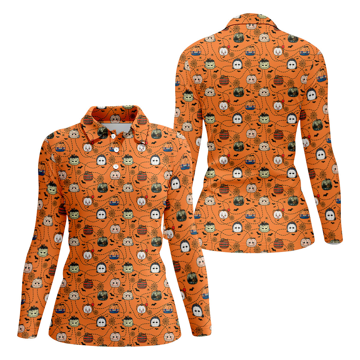 Orange Horror Character Pumpkin Pattern Golf Polo Shirt, Ladies Golf Shirts, Womens Golf Tops