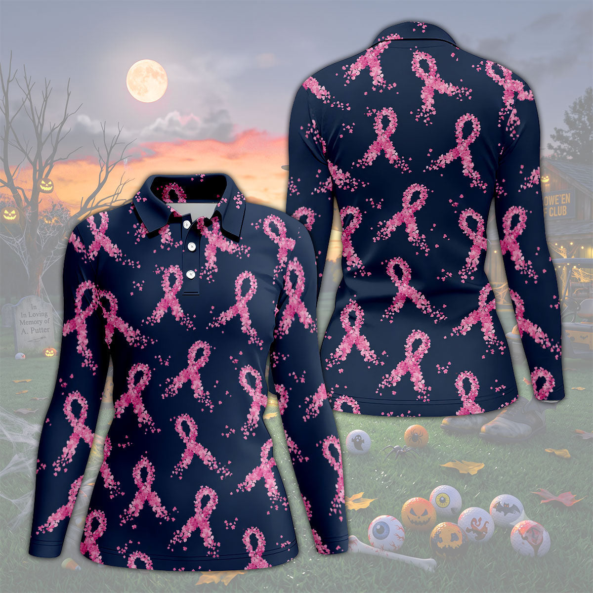 Pink Floral Ribbon Breast Cancer Awareness Polo Shirt, Ladies Golf Shirt, Performance Golf Shirt