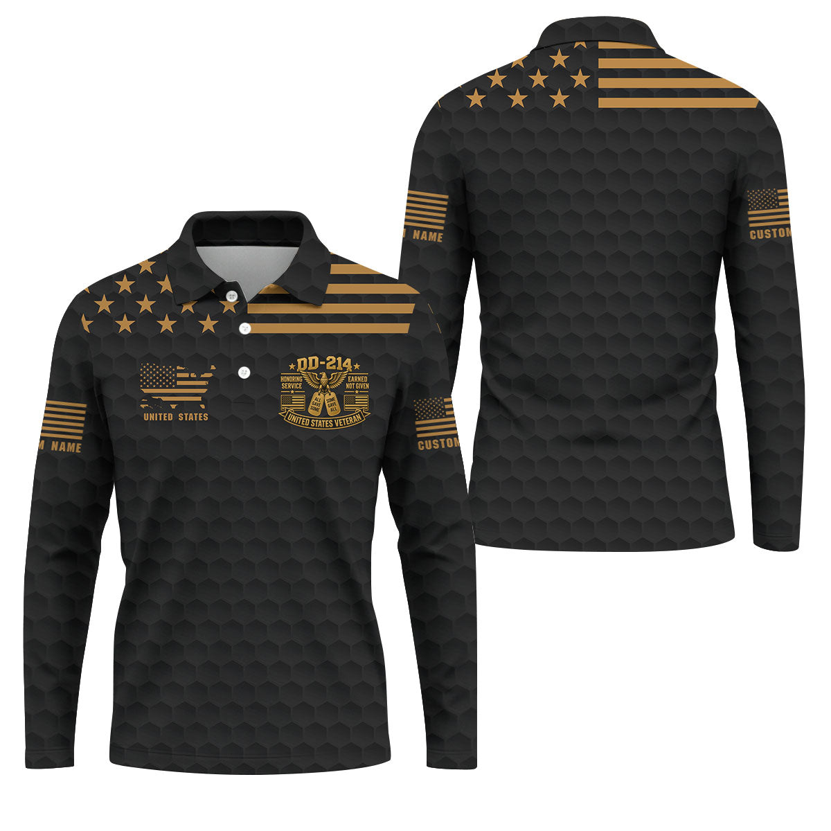 Custom Name Black Gold DD-214 Golf Polo Shirt, Veterans Day Shirt, Mens Golf Shirts