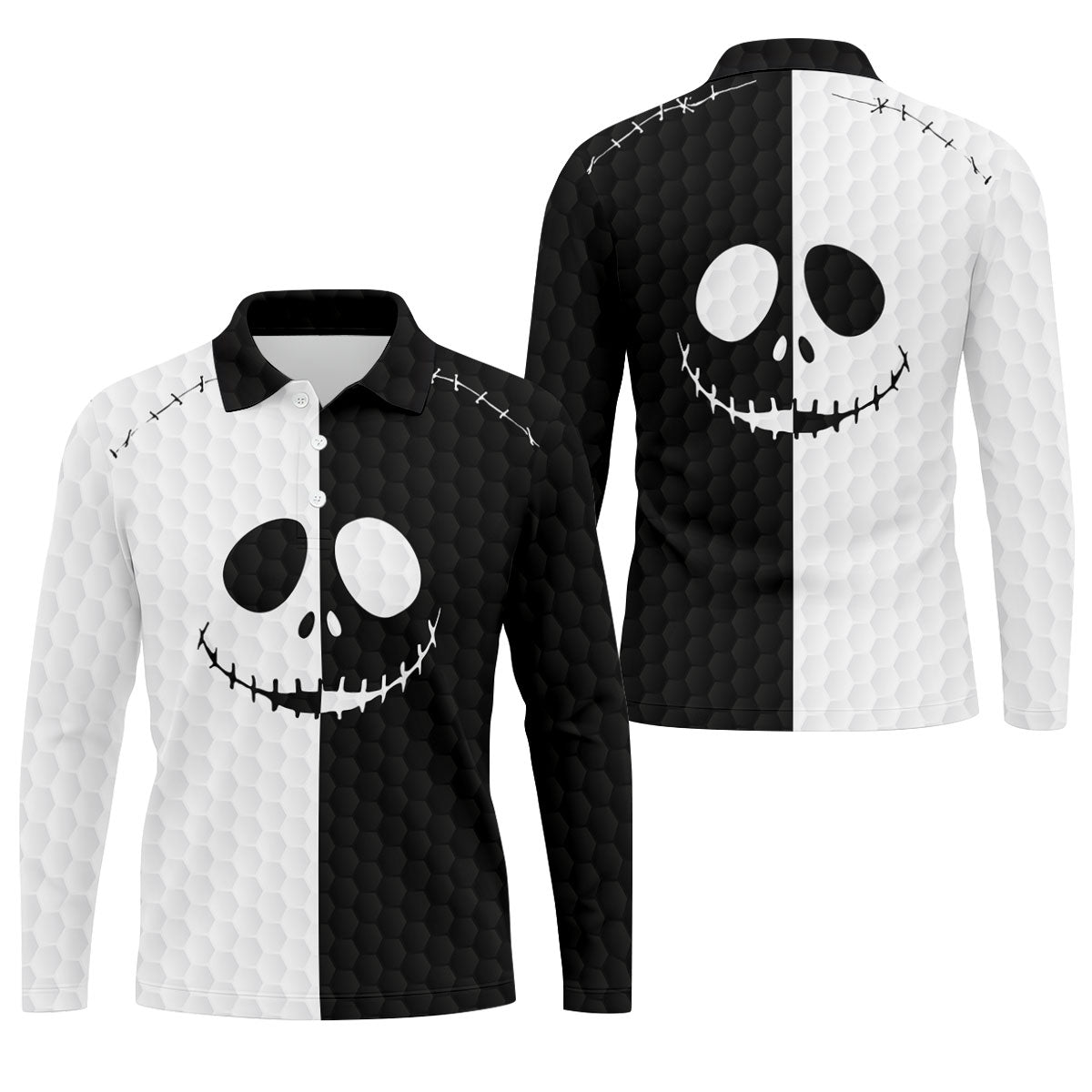 Black White Skull Face Halloween Golf Polo Shirt, Mens Golf Shirts, Golf Polo Shirts For Men