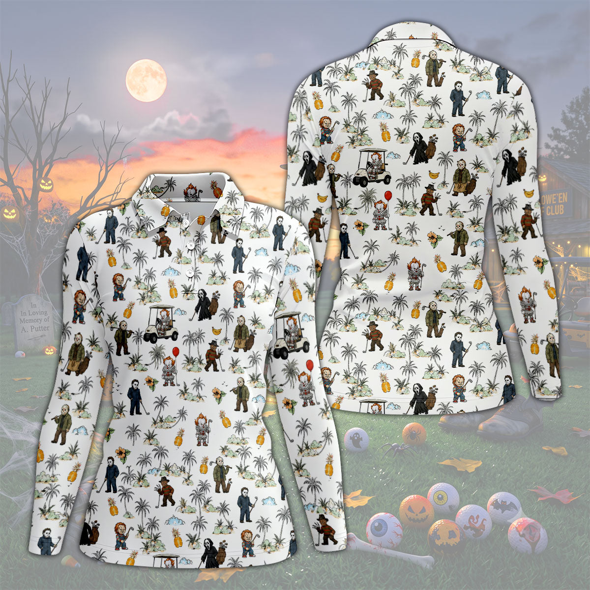 Mini Horror Character Halloween Golf Shirt, Women's Golf Apparel, Golf Polo For Women