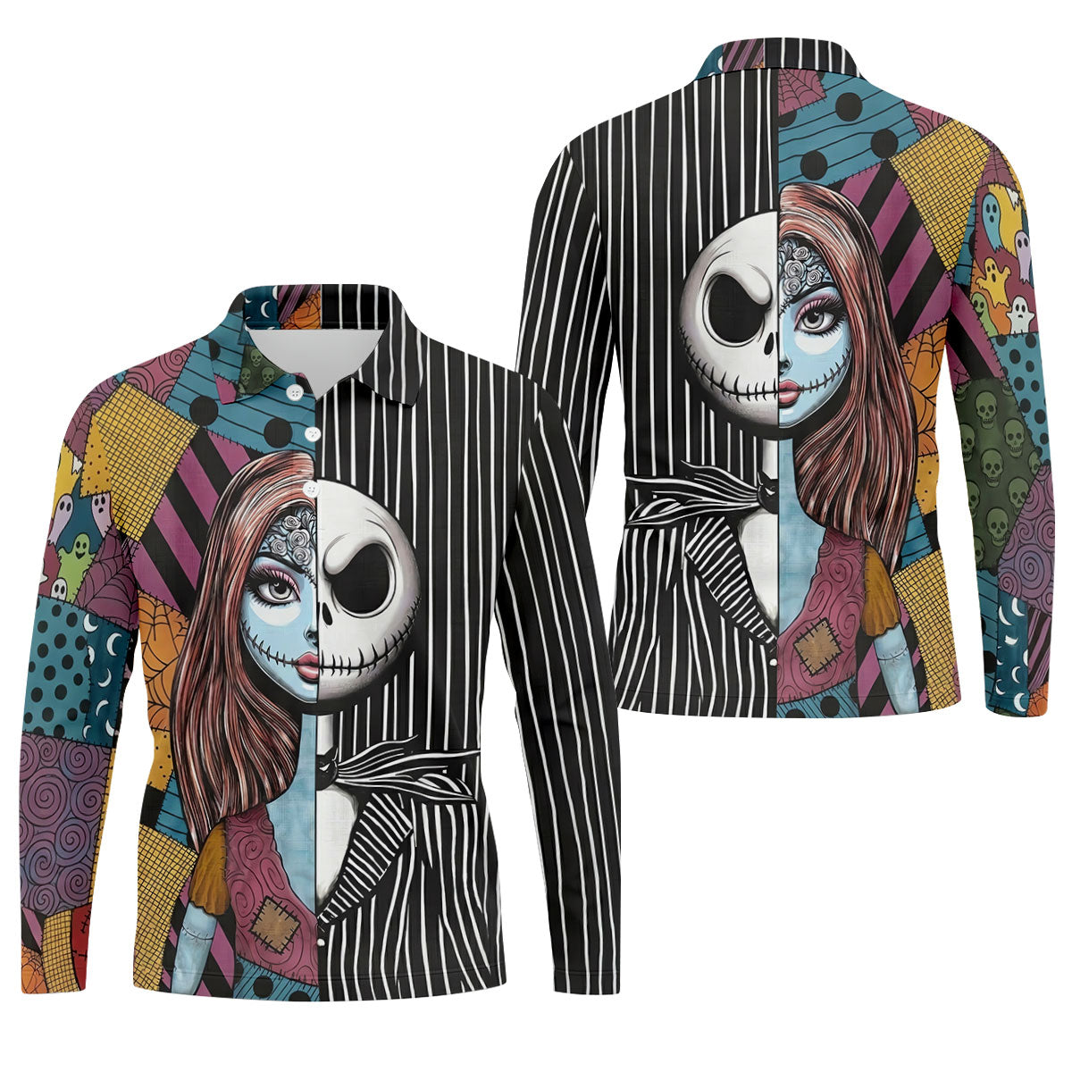 Half Sally And Jack Horror Character Golf Polo Shirt, Men's Golf Shirt, Printed Golf Shirts