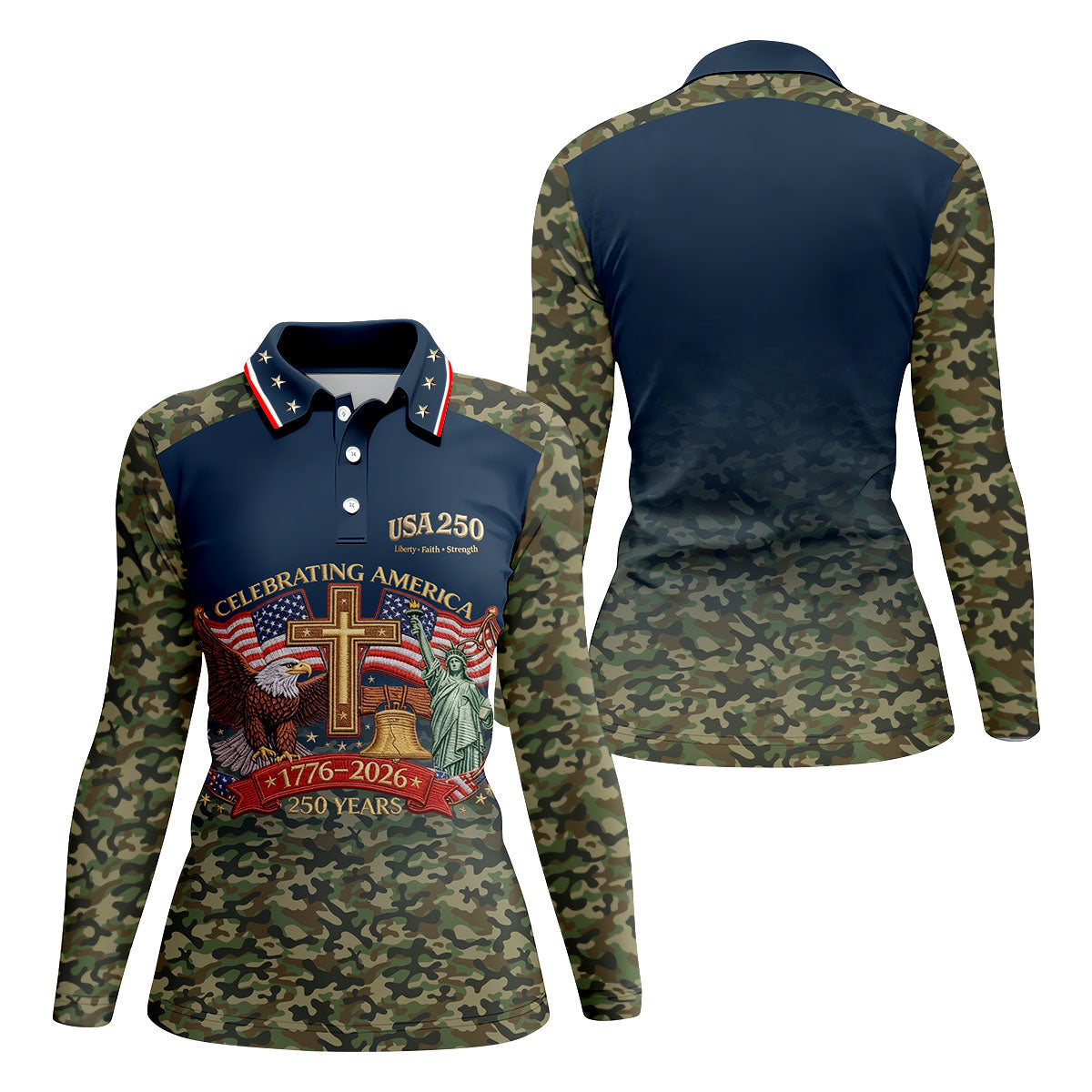 Liberty Faith Strength Faith Cross USA 250 Navy Camo Golf Shirt, 4th Of July Golf Shirt For Women