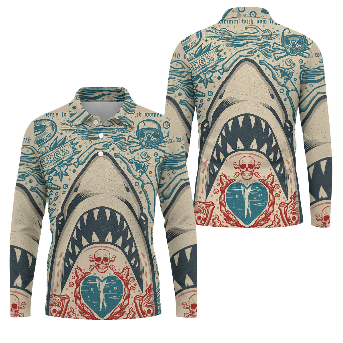 Vintage Shark Jaw Tattoo Art Golf Polo Shirt, Golf Shirts For Men, Printed Golf Shirts