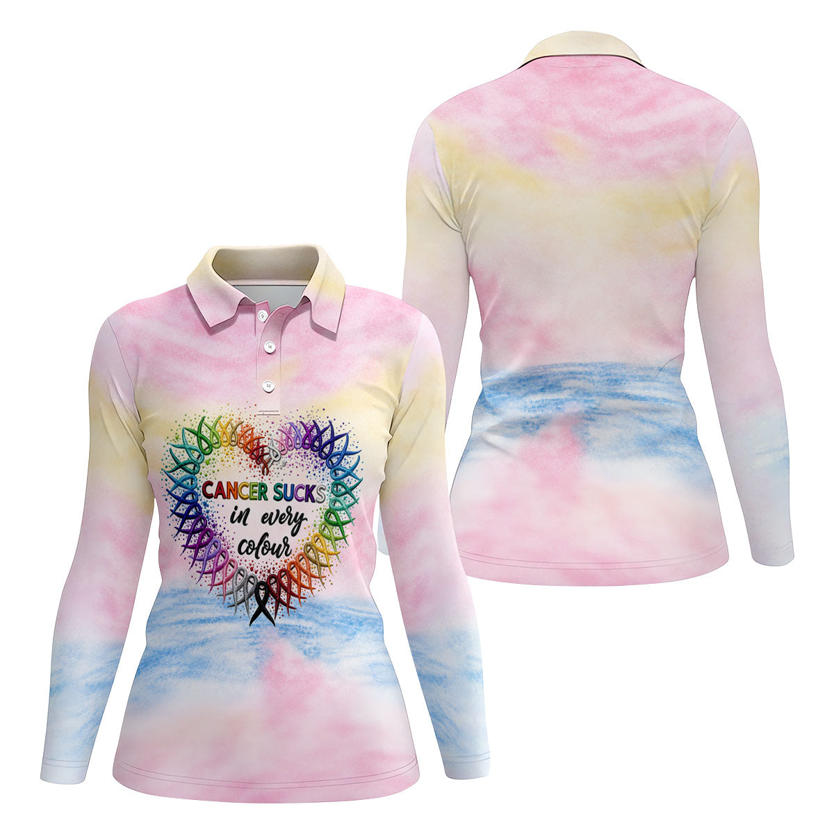 Cancer Sucks In Every Colour Ribbon Heart Polo Shirt, Ladies Golf Tops, Women’s Golf Polo