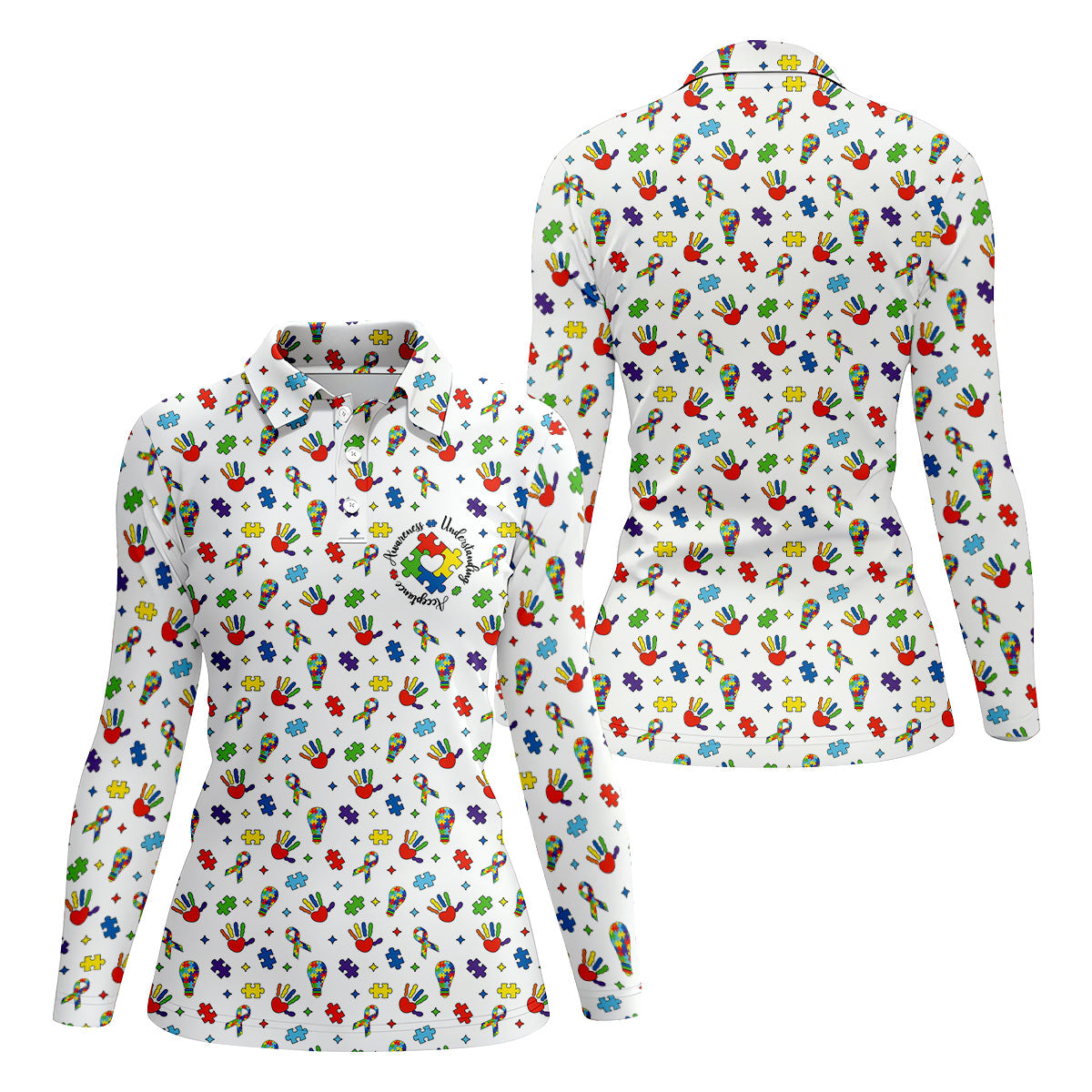 Awareness Understanding Acceptance Autism Ribbon White Golf Shirt, Autism Awareness Colors Women's Golf Tops