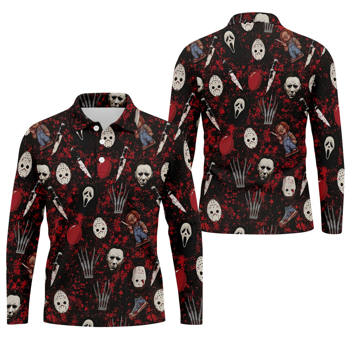 Halloween Horror Character Mask Pattern Hawaiian Golf Shirt, Men's Golf Shirt, Mens Golf Polo