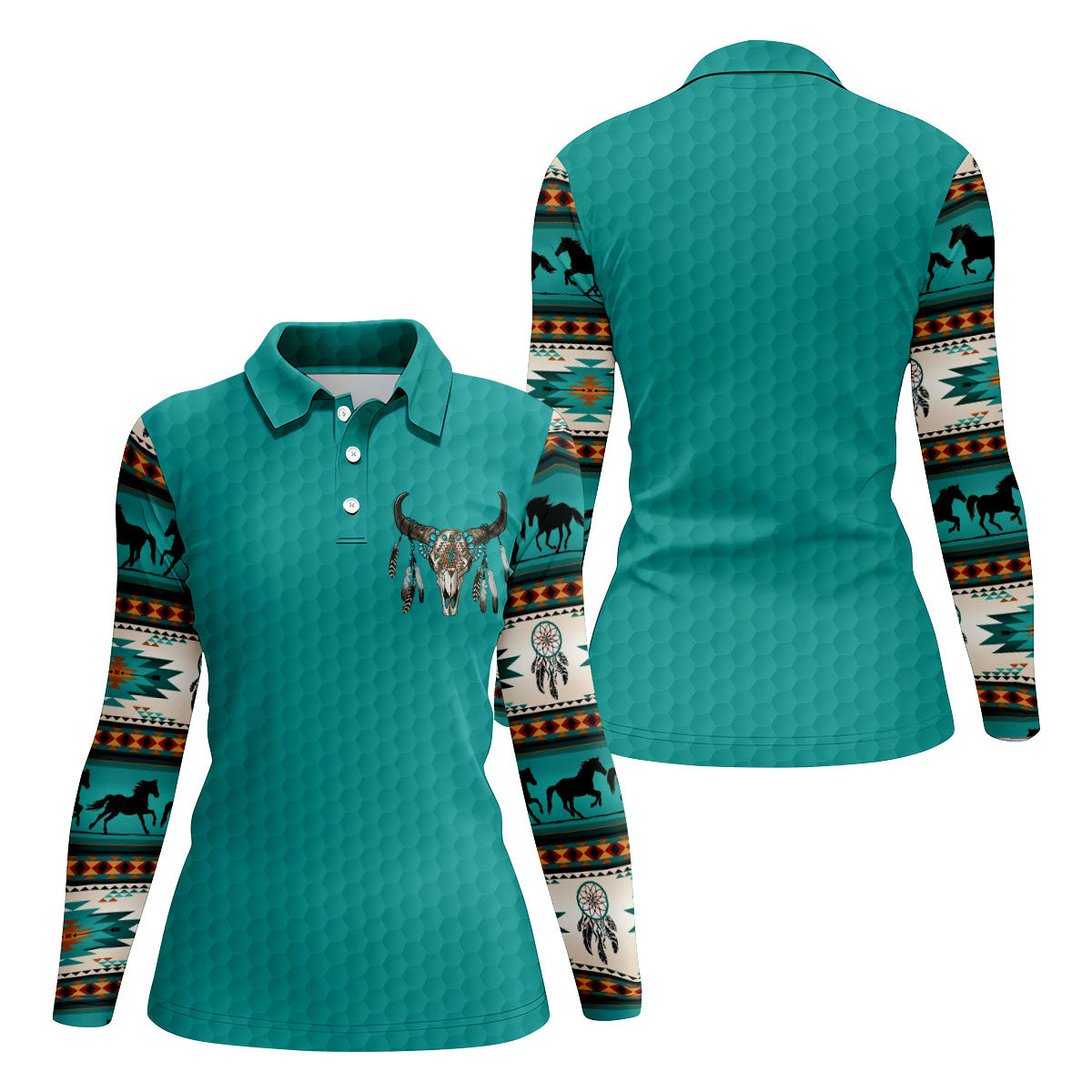 Turquoise Southwestern Bull Skull Golf Polo Shirt, Golf Tops For Women, Hawaiian Golf Shirt