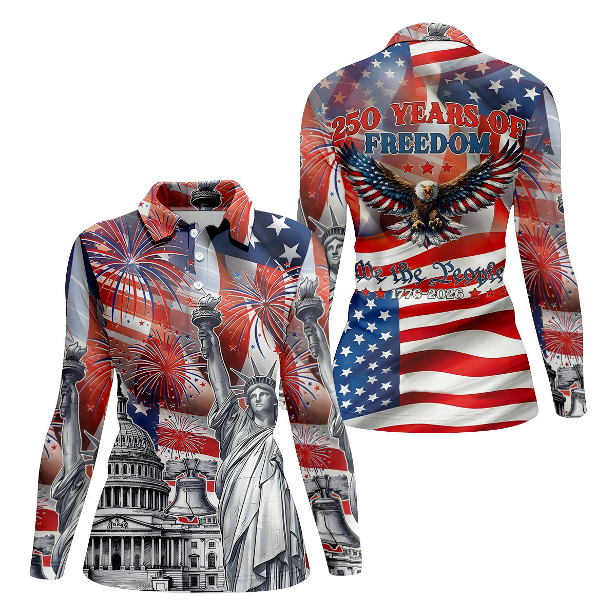 250 Years Of Freedom We The People US Flag Pattern Patriotic Golf Shirt, 4th Of July Golf Shirt For Women