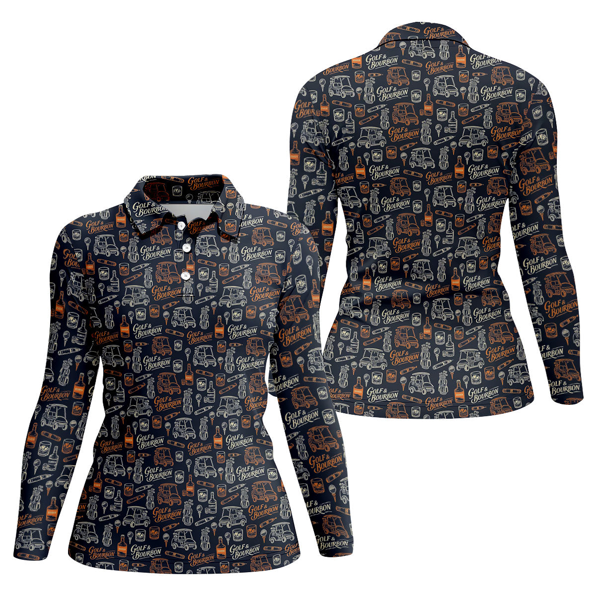 Funny Golf Bourbon Cigar Pattern Polo Shirt, Women’s Golf Polo, Golf Shirts For Women