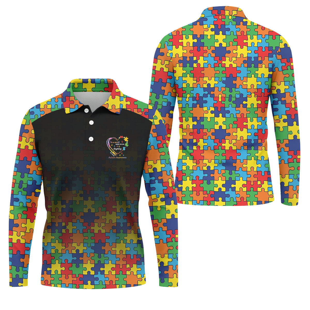 In A World Where You Can Be Anything Be Kind Autism Awareness Puzzle Pattern Black Fade Men's Golf Shirt