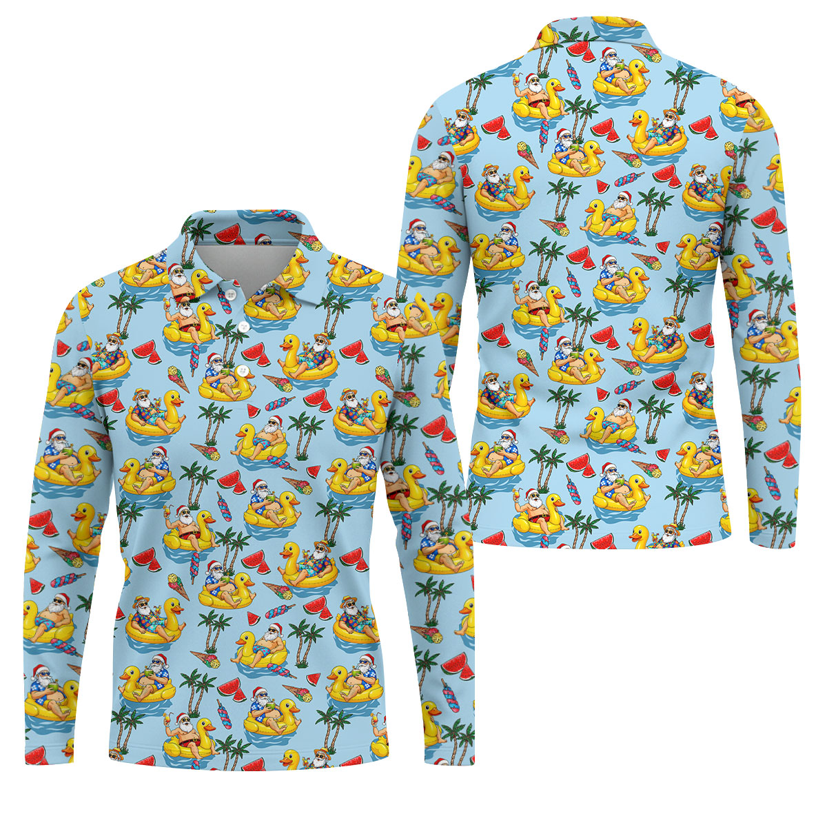 Men's Santa Duck Pool Float Hawaiian Golf Shirt, Christmas Golf Shirt, Golf Apparel For Men